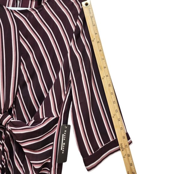 Haute Monde Womens Striped Burgundy Pink Tie Front Blouse Top 3/4 Sleeves Size M - Picture 10 of 10